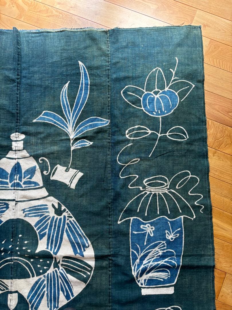 古布　茶道具の筒描　藍染　木綿　緑　木綿　型染め　襤褸　アンティーク