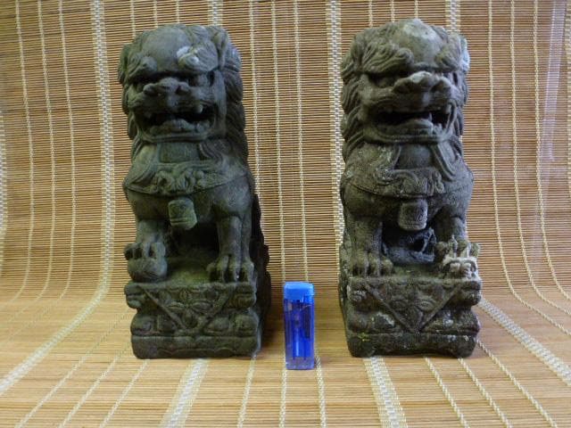 時代　アンティーク　狛犬　一対　石彫　彫刻　縁起物　魔除け　骨董