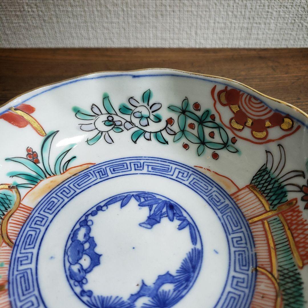 なます皿　色絵付　印判　変わり図柄　明治　大正　モダン唐草　2枚　欠け　ロ号