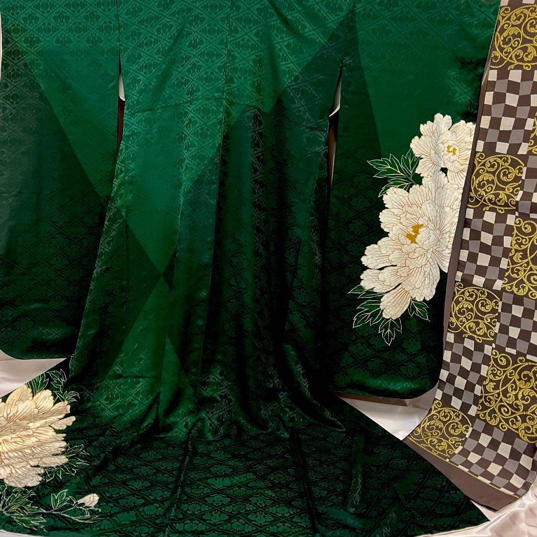 振袖フルセット■大輪牡丹■深緑色■成人式振り袖■振袖一式