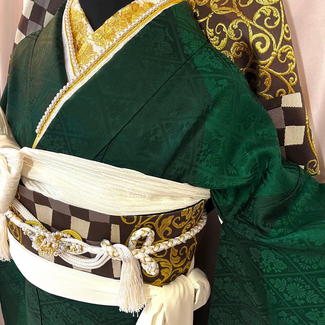 振袖フルセット■大輪牡丹■深緑色■成人式振り袖■振袖一式