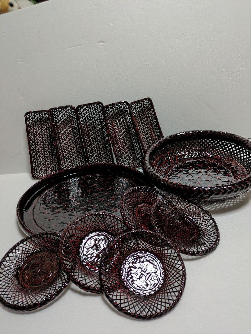 籃胎漆器　お盆　果物籠/菓子器　茶托　5枚　おしぼり受け　5個　計12点