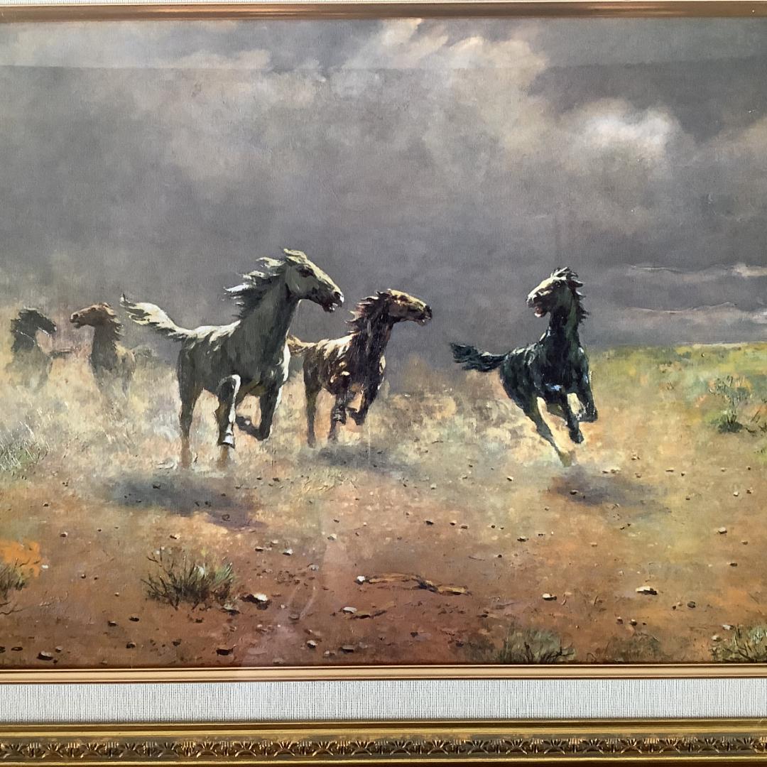 アルボー作 荒野の群馬 絵画 額装 約8号相当 金色装飾額縁付き