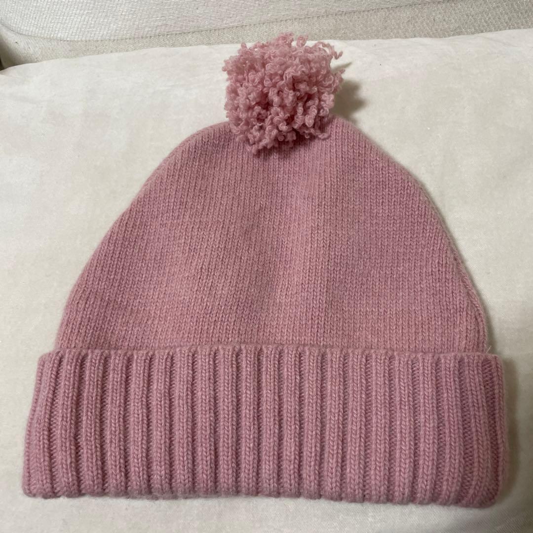 DIOR ディオール　ニット帽　ボンボン付きカシミヤウール　ロゴ入り　ピンク