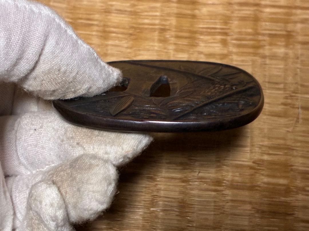 銅製 海老 笹 象嵌 鍔(つば) 刀 時代物 箱入