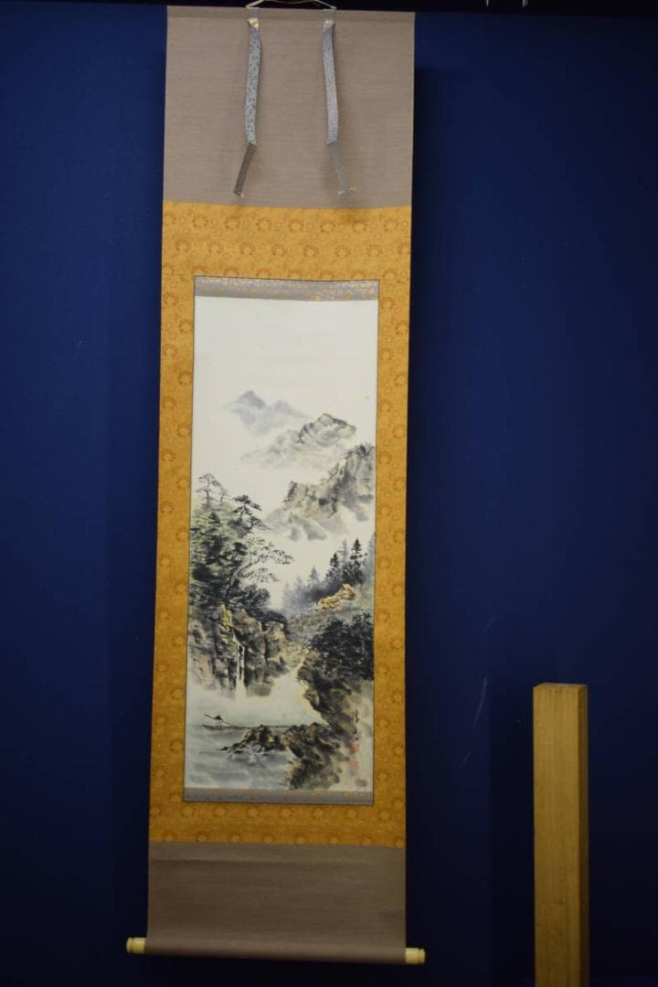 真作/高田勝風/山水人物筏図/彩色山水図/人物/布袋屋掛軸HJ-876