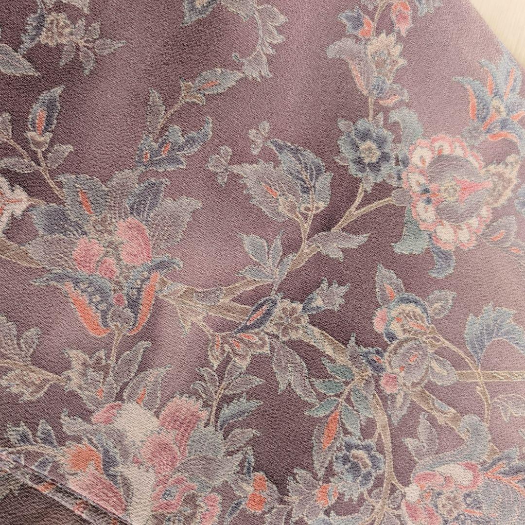 小紋　フルセット　着物　正絹　更紗　暗紫　花　縮緬　おしゃれ　D2