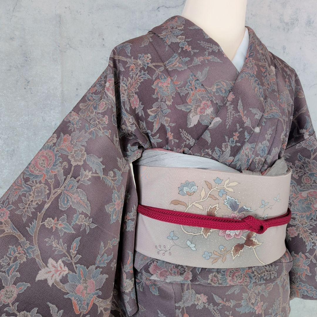 小紋　フルセット　着物　正絹　更紗　暗紫　花　縮緬　おしゃれ　D2