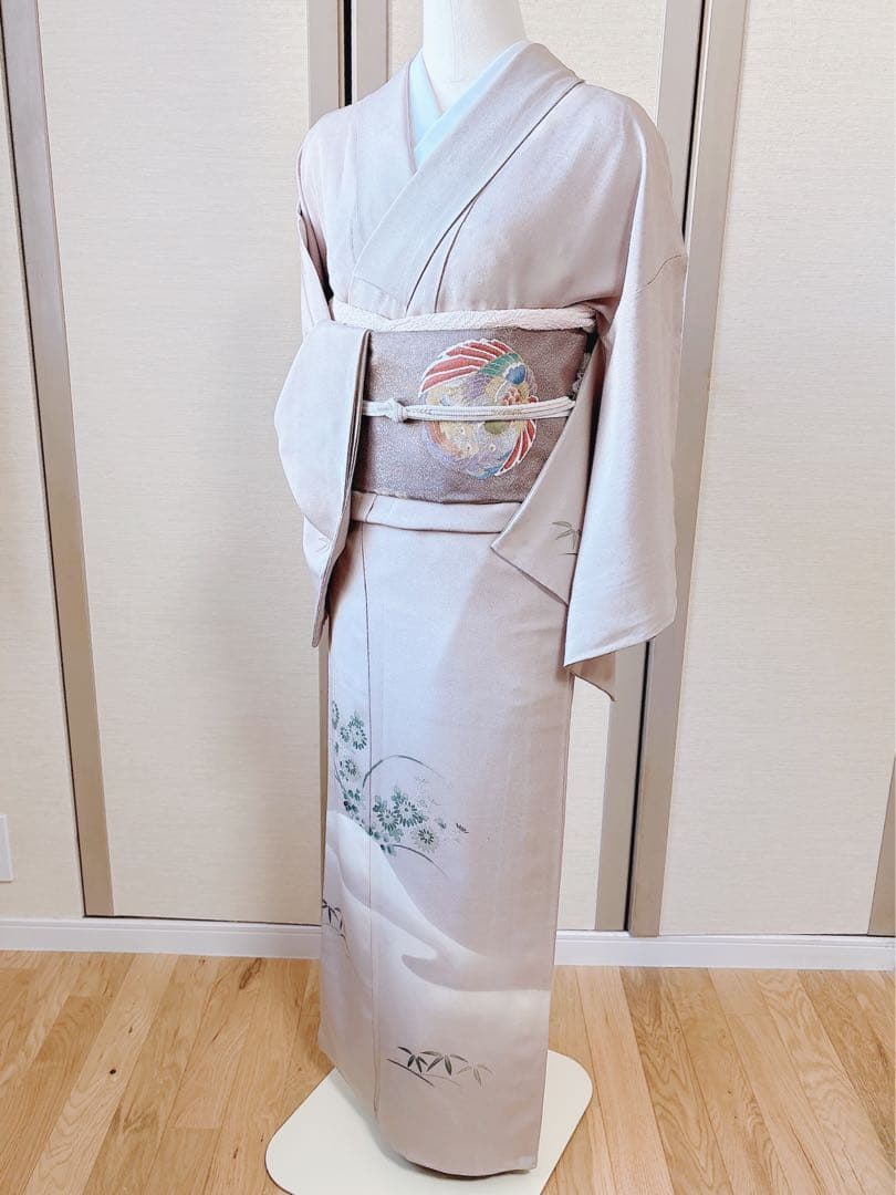 正絹　付け下げ　フルセット　裄65 卒業式　入学式　お宮参　袋帯 S グレー　白