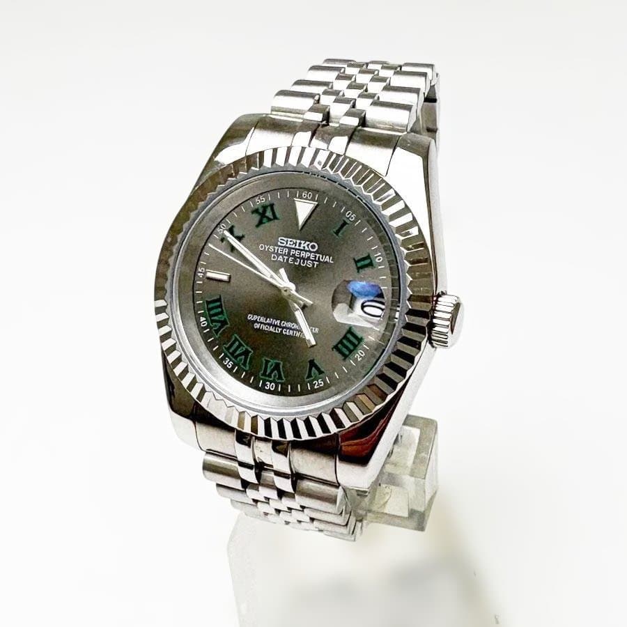 MOD NH35A 自動巻 腕時計 デイトジャストタイプ ガンメタ グリーン