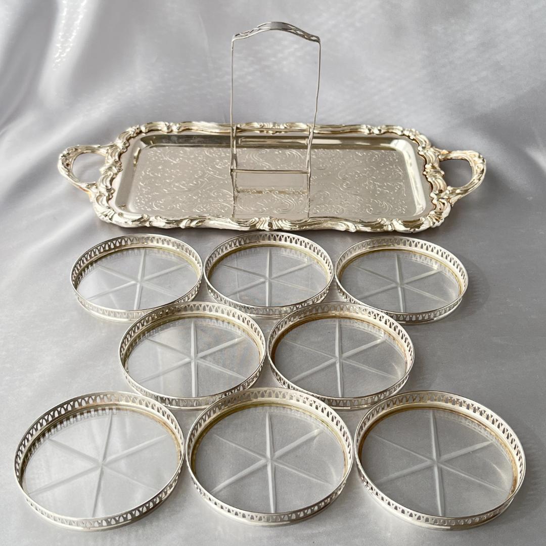 【純銀/ガラス】ワイングラスコースター 8枚 / ホルダー スターリング