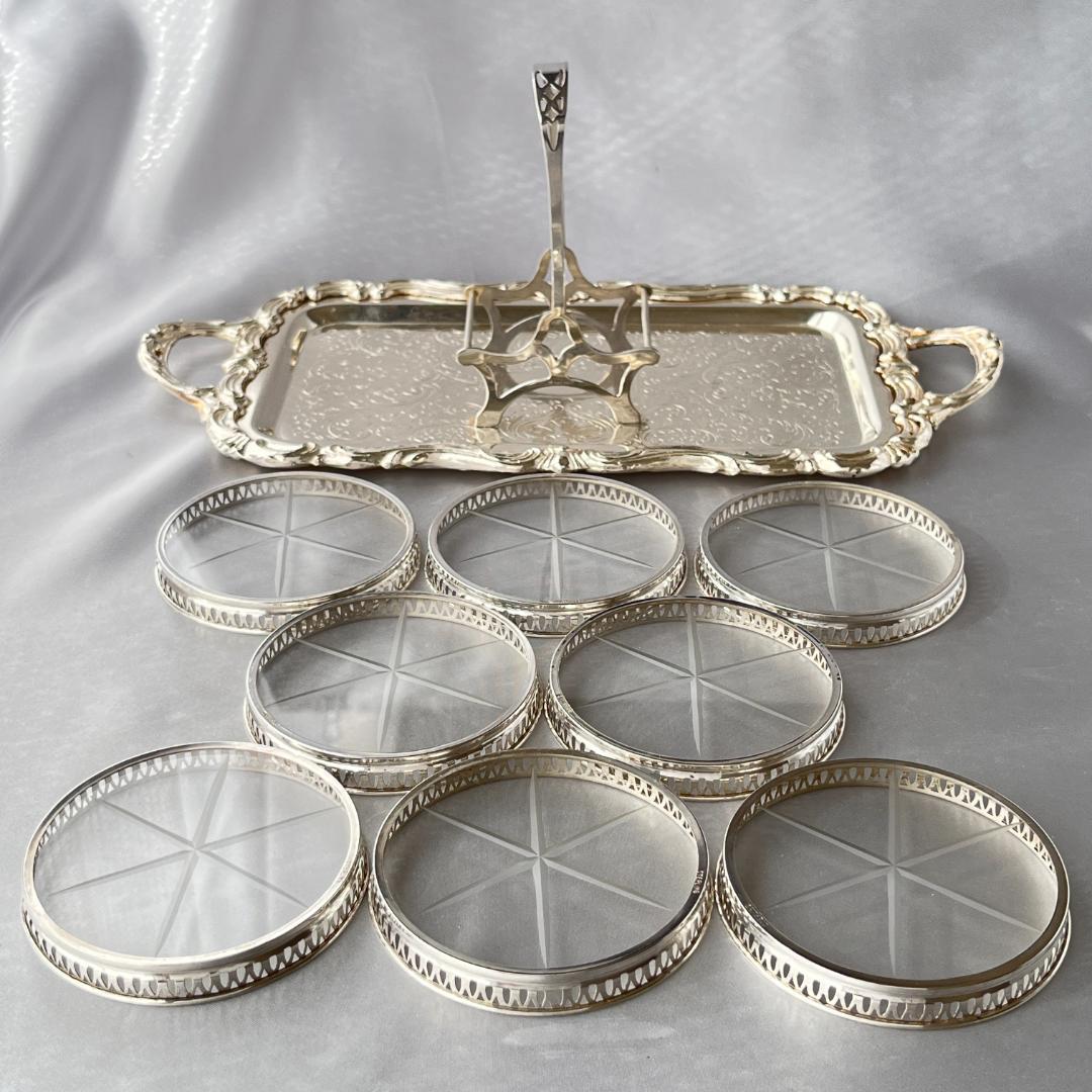 【純銀/ガラス】ワイングラスコースター 8枚 / ホルダー スターリング