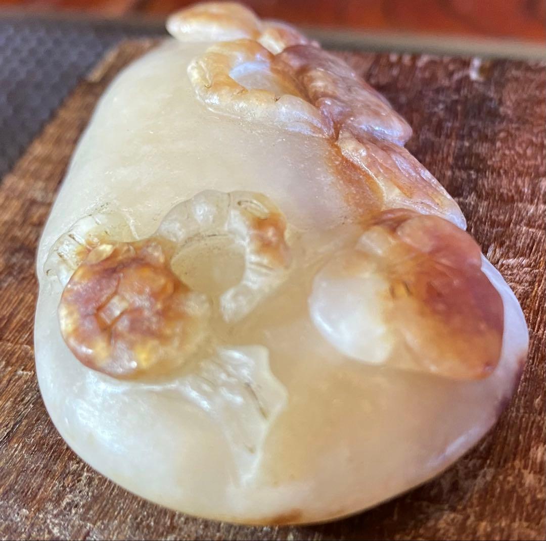 古和田玉　蟹と子孫・銭　吉祥彫刻　細密細工 天然素材　ヴィンテージレア 台湾茶器