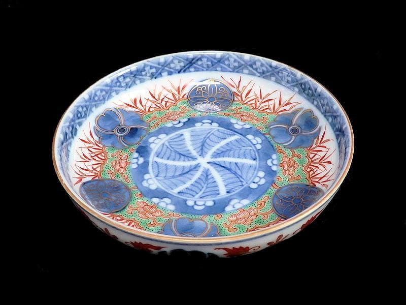 大聖寺古伊万里　金襴手　丸紋に笹の図　４寸皿　４枚　094AS-CAn