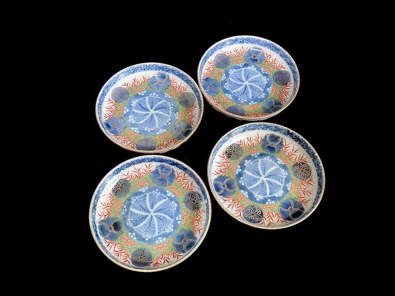 大聖寺古伊万里　金襴手　丸紋に笹の図　４寸皿　４枚　094AS-CAn