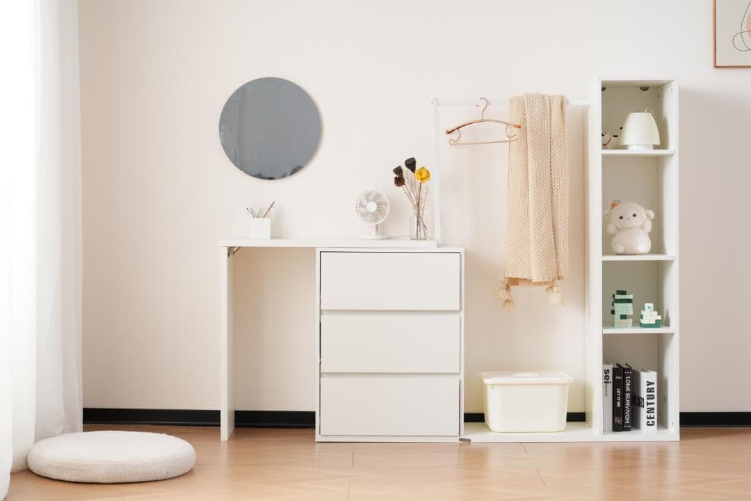 3段キャビネット+幅調整デスク+ ハンガーラック+ラック化粧台 デスク木製収納棚