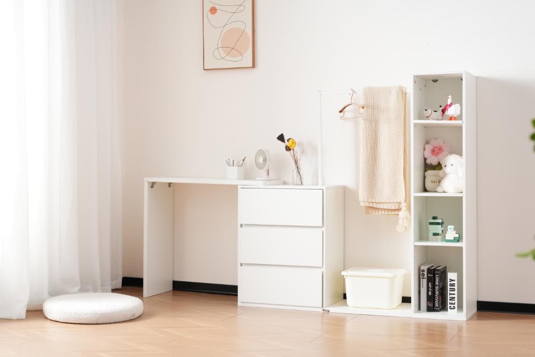 3段キャビネット+幅調整デスク+ ハンガーラック+ラック化粧台 デスク木製収納棚