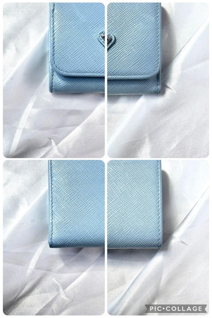 極美品✨プラダ 三つ折り財布 サフィアーノ 三角ロゴ レザー ライトブルー