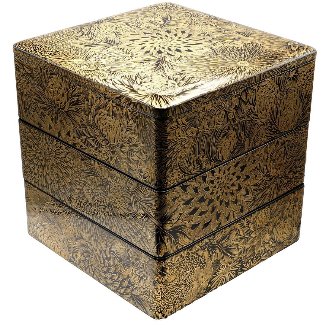 輪島塗風 総沈金菊彫 木製漆塗 大型重箱 内朱 アンティーク 重箱 おせち用