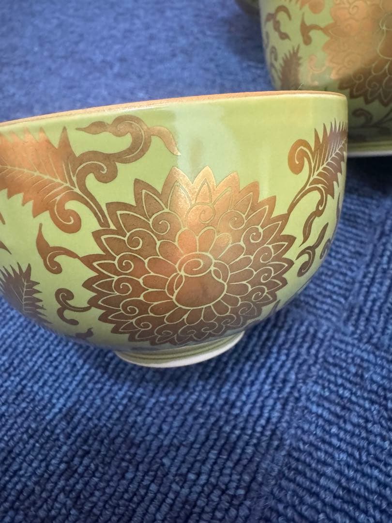 1800  希少　其泉　萌黄金欄手 茶器セット　急須1客　湯呑5客　金彩