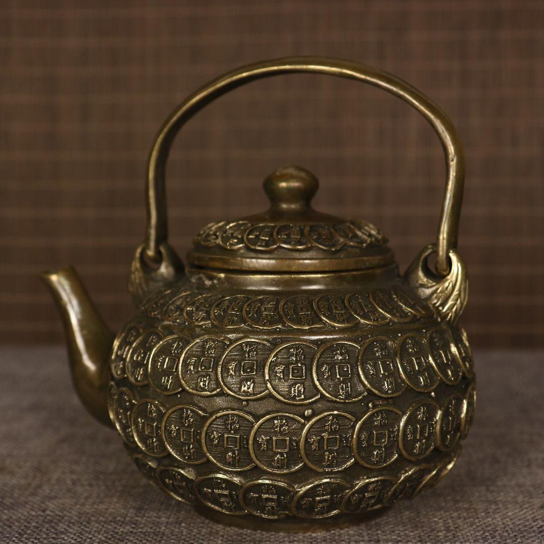 提梁壷 銅銭茶壺 工芸品 美術品 置物