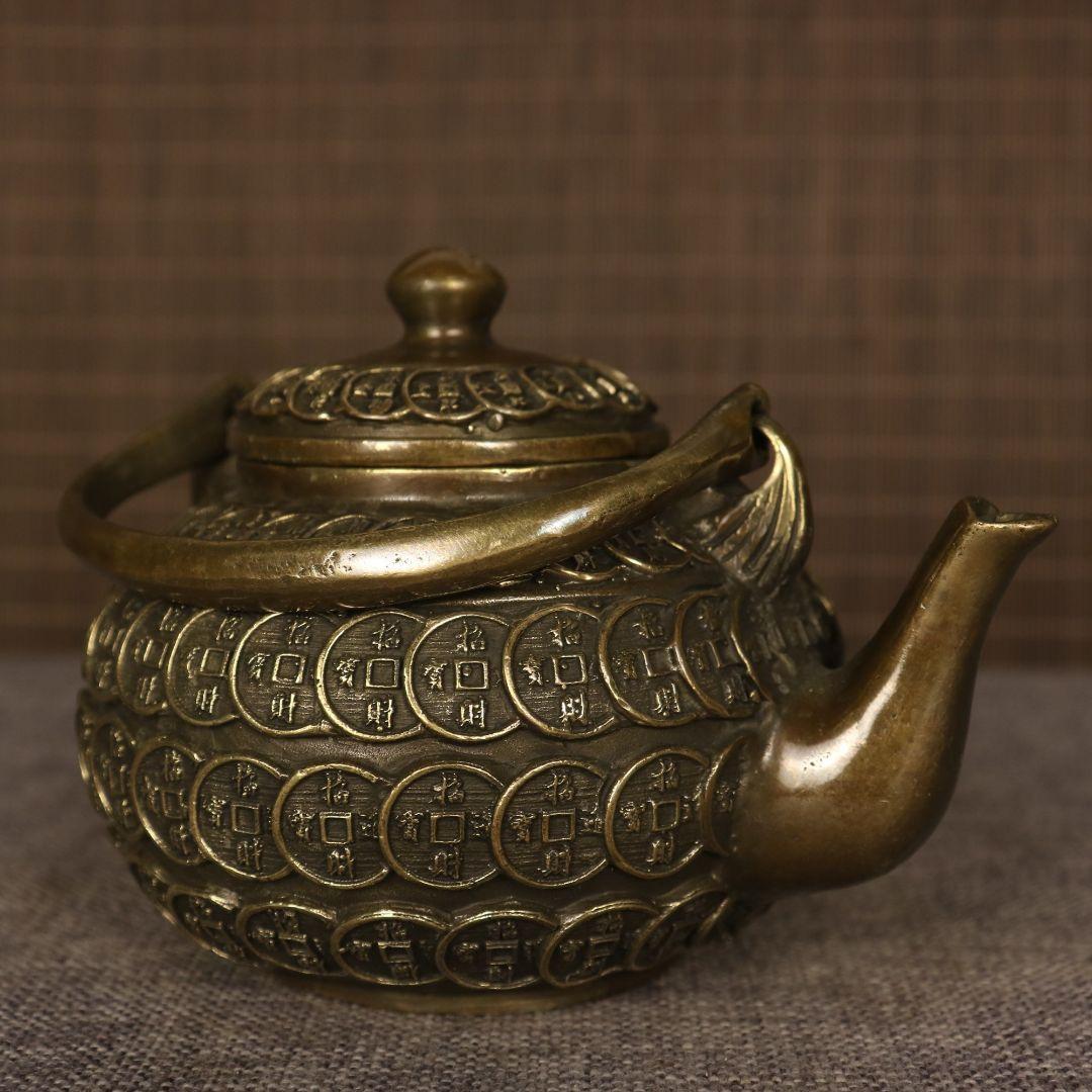 提梁壷 銅銭茶壺 工芸品 美術品 置物