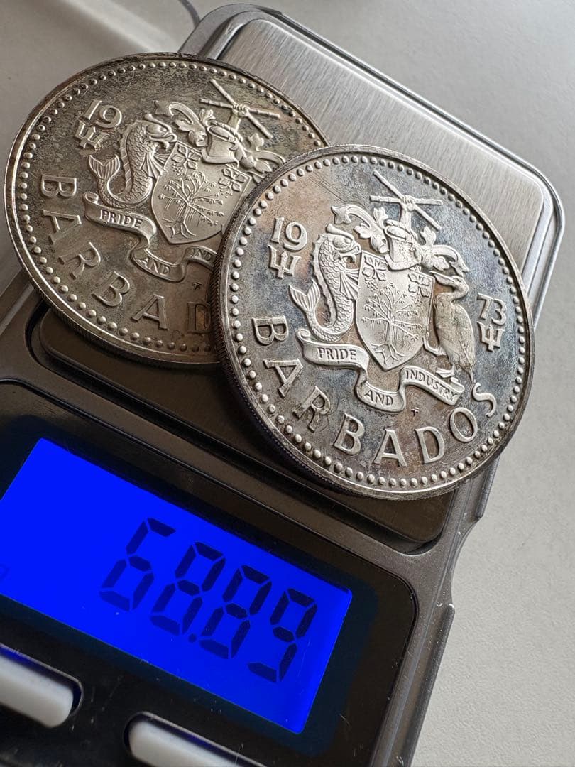 【銀貨保証】バルバドス　10ドル銀貨　5ドル銀貨　2枚セット　68.89g