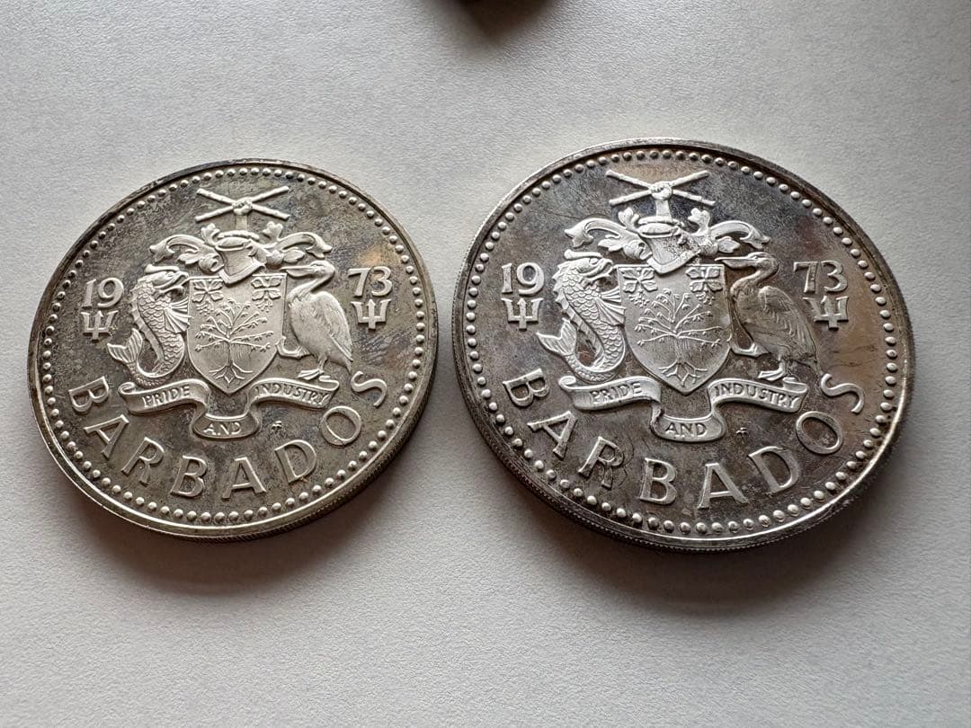 【銀貨保証】バルバドス　10ドル銀貨　5ドル銀貨　2枚セット　68.89g