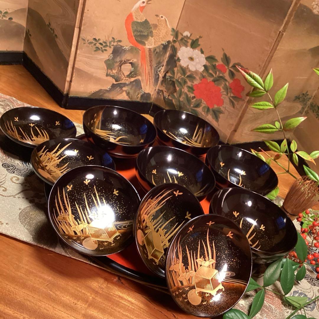 A1035 木製輪島塗　懐石道具　衝羽根に流水菖蒲　蒔絵　5客