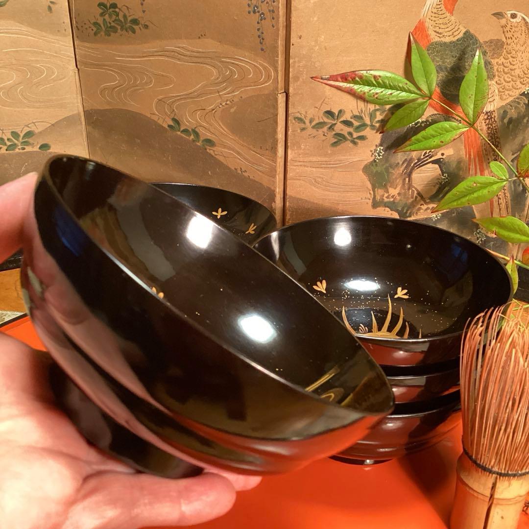 A1035 木製輪島塗　懐石道具　衝羽根に流水菖蒲　蒔絵　5客