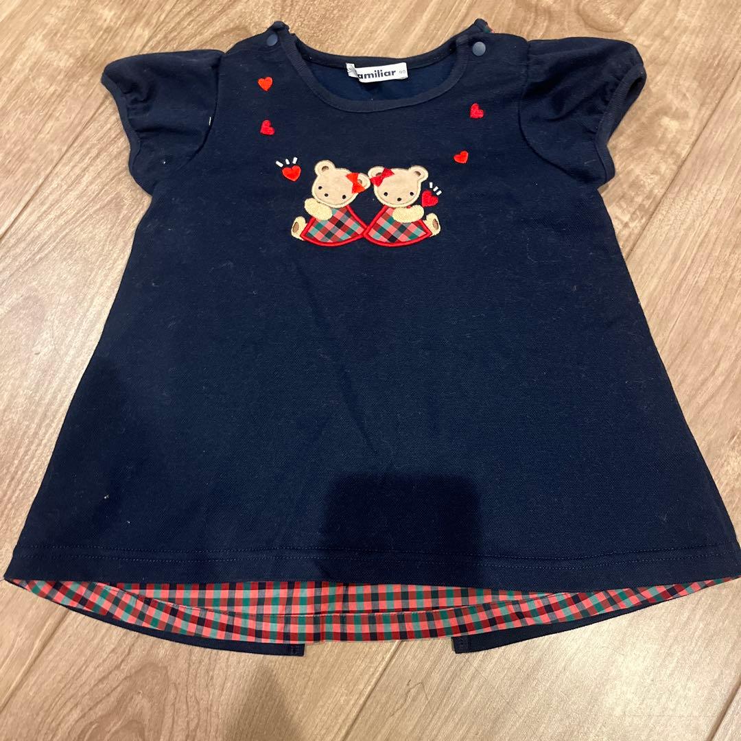 familiar＊くま刺繍ネイビー×赤チェック チュニック