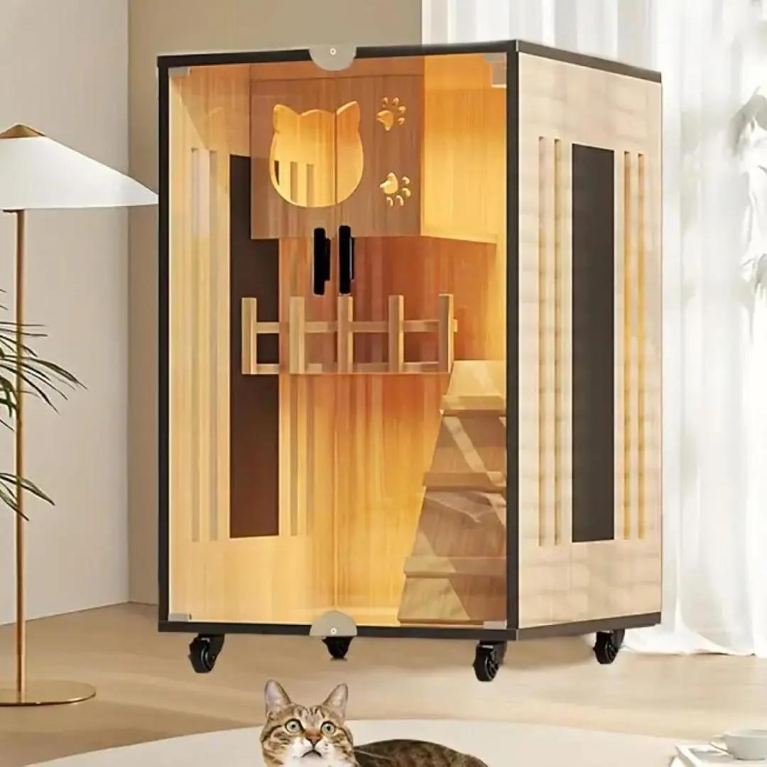 猫 ケージ 2段 木製 おしゃれ 小さめ 3階建て キャットヴィラ (ベージュ)