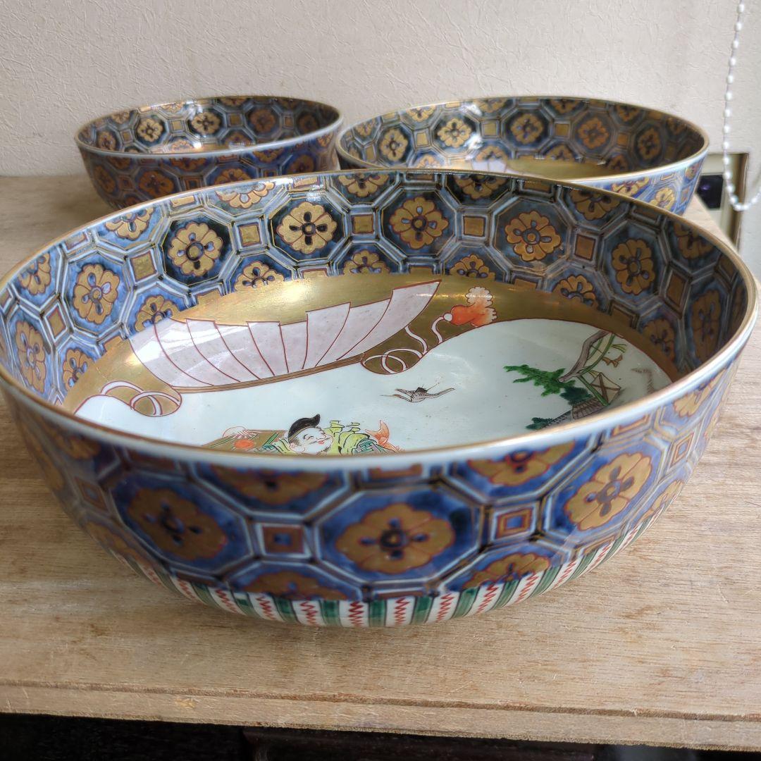 骨董 古伊万里 鉢 大中小 恵比寿 美品 盛り鉢 器 染錦 ３つ 飾り鉢