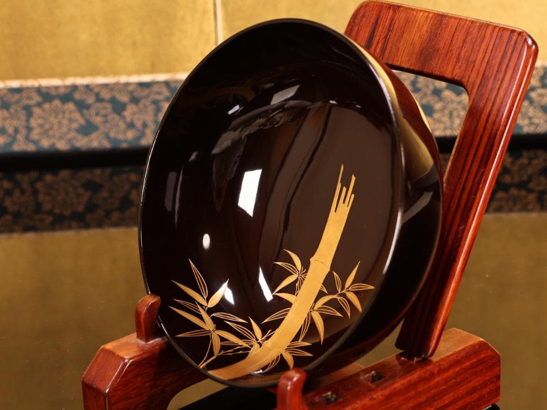 BK414　時代輪島塗　竹鶏図金蒔絵　吸物鶏　二客　木製　茶道具 懐石 会席