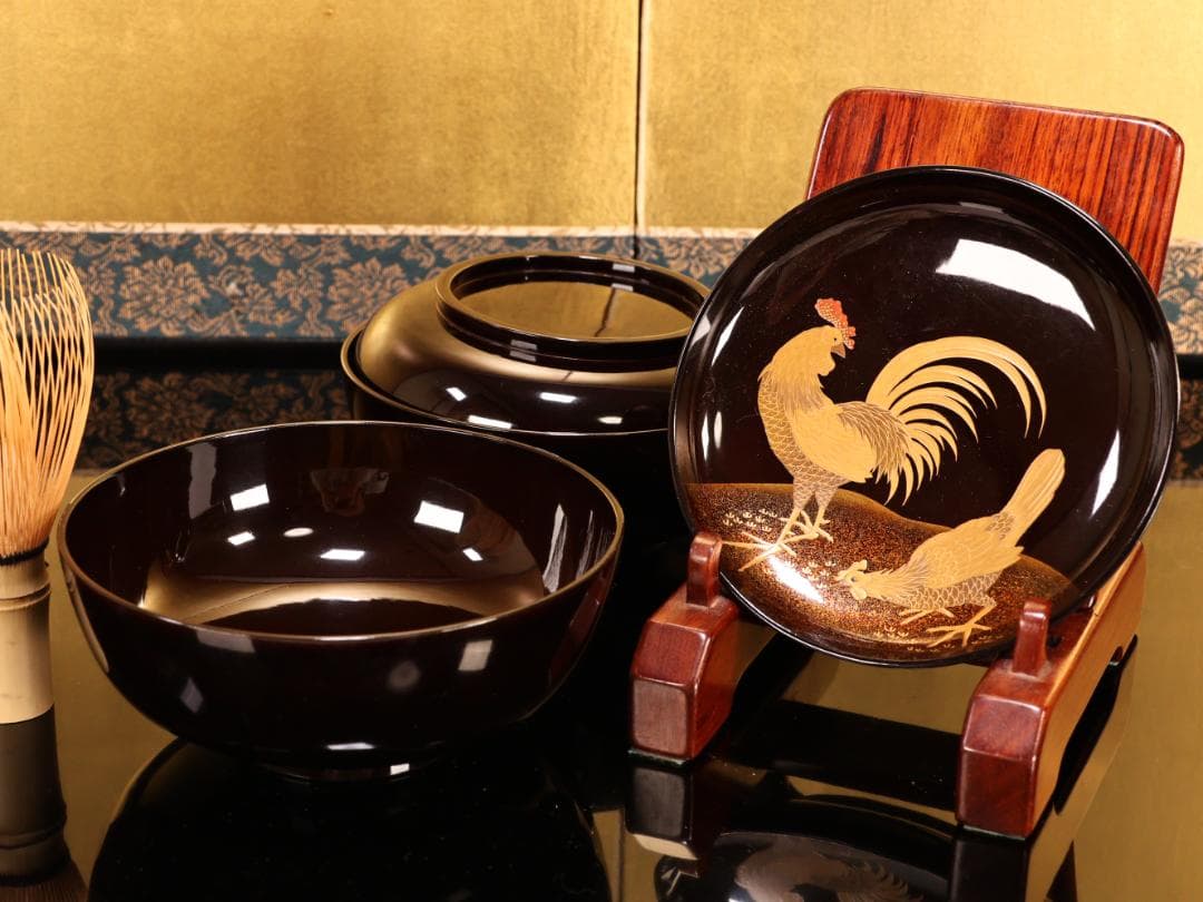 BK414　時代輪島塗　竹鶏図金蒔絵　吸物鶏　二客　木製　茶道具 懐石 会席