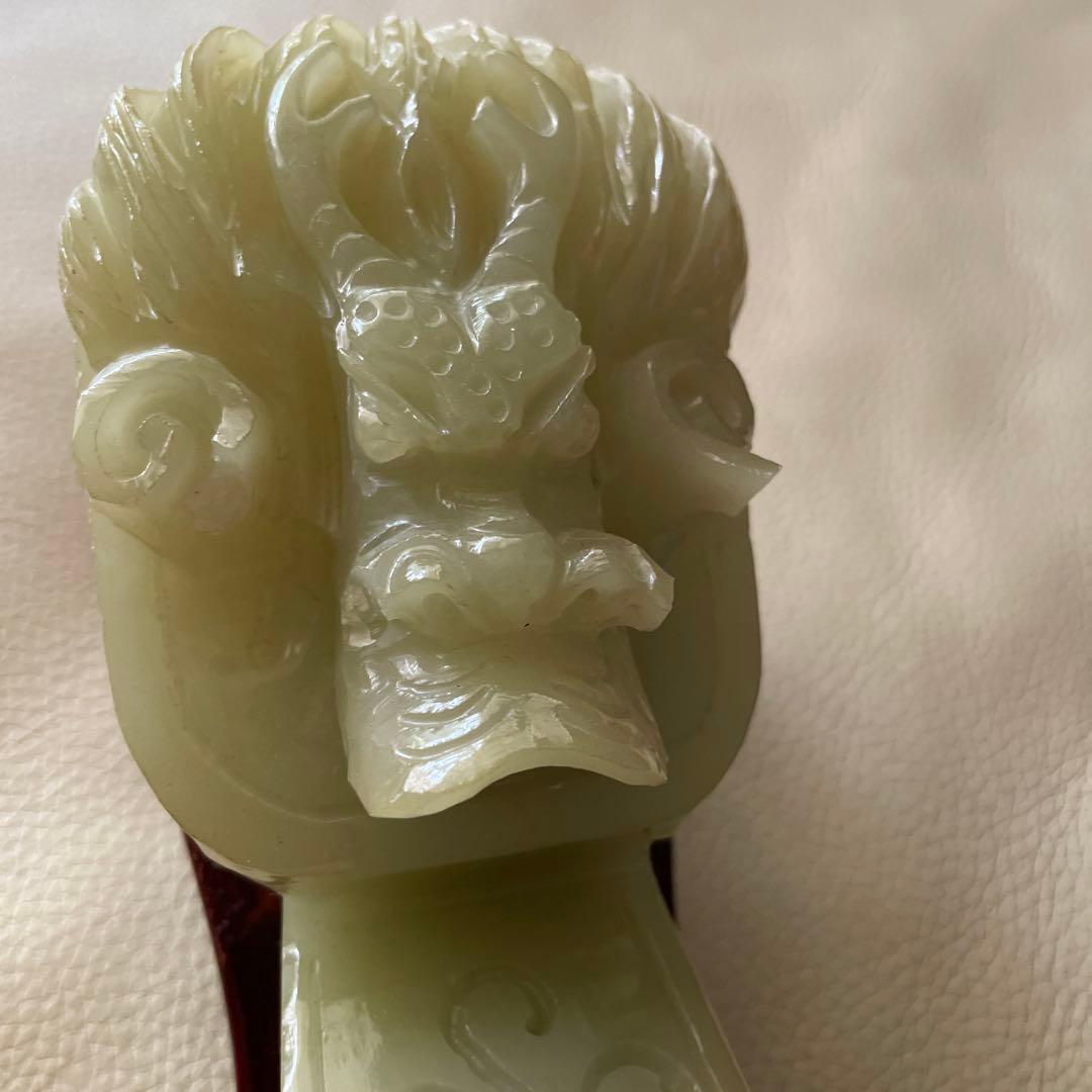 中国　玉石　龍神　如意　飾り台付き