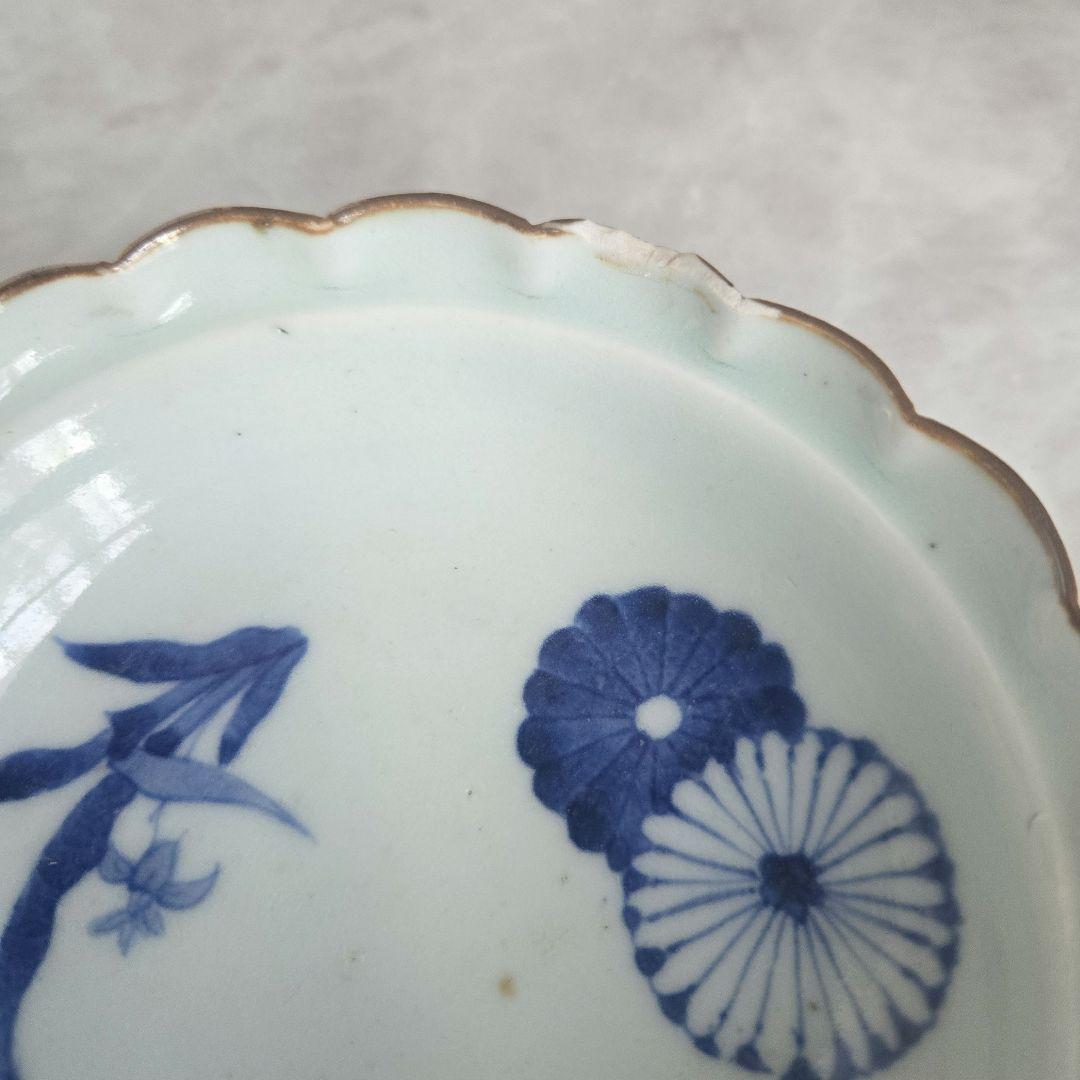 古伊万里　染付　深皿　江戸時代　蘭　菊　金直し　金継ぎ　アンティーク　骨董