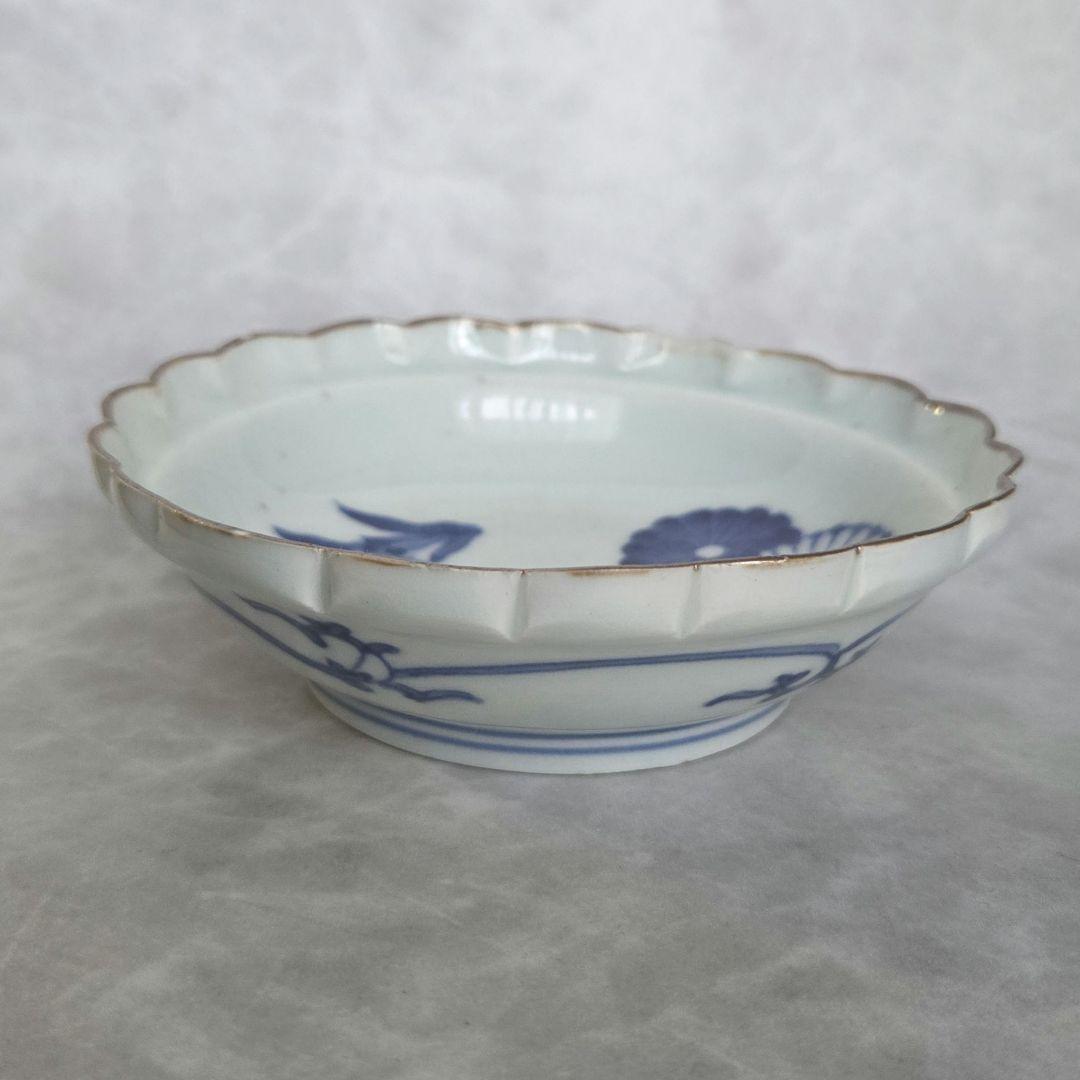 古伊万里　染付　深皿　江戸時代　蘭　菊　金直し　金継ぎ　アンティーク　骨董