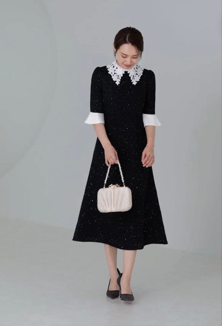 【LEJA】花柄レースカラースパンコールAラインワンピースドレス ブラックS