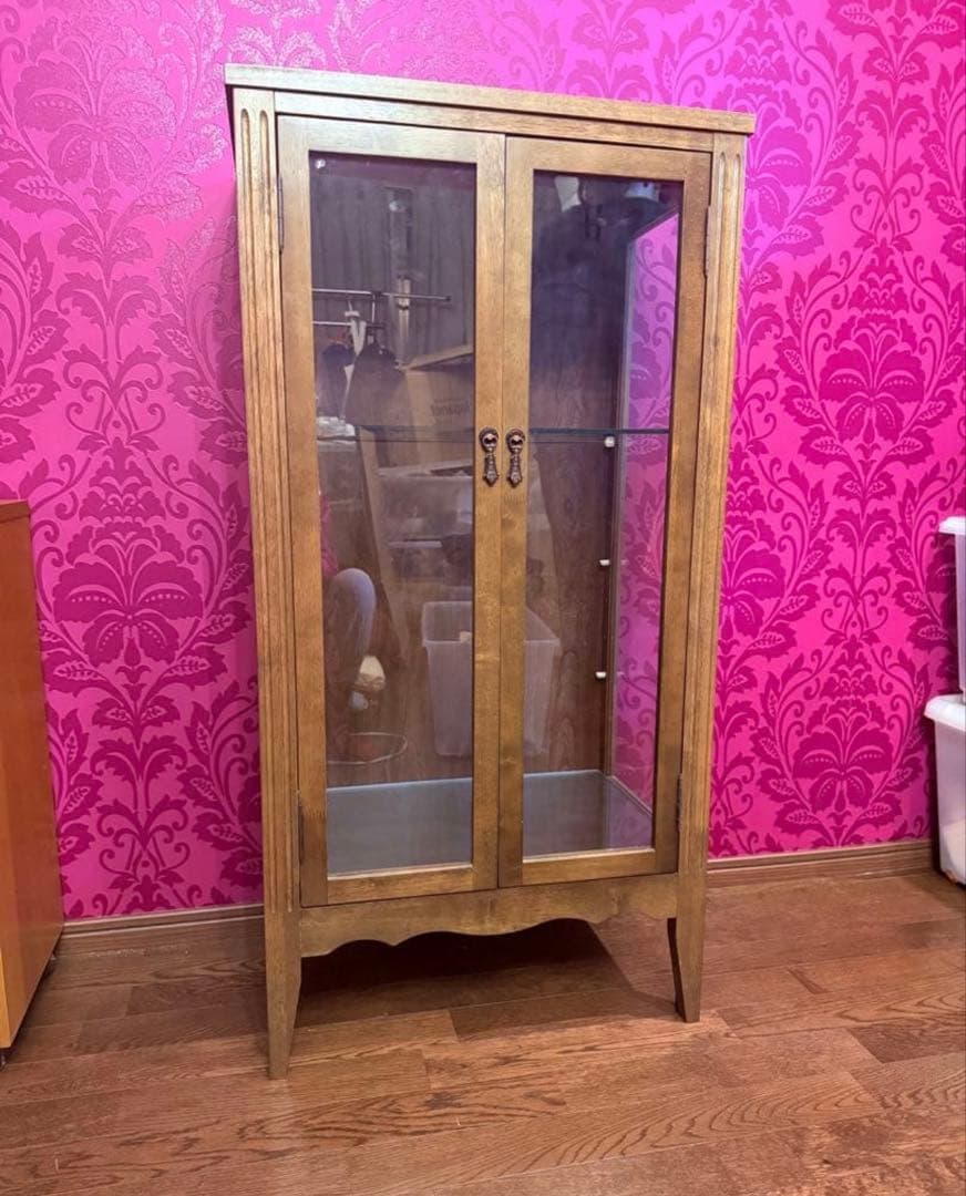 激安　ベルメゾン　アンティーク調　木製ガラス扉キャビネット　キュリオケース