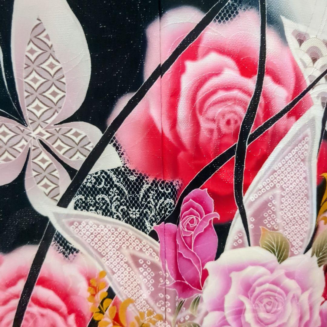 振袖セット 振袖フルセット 正絹振袖 銀通し 駒刺繍 薔薇 蝶 金彩 白 90