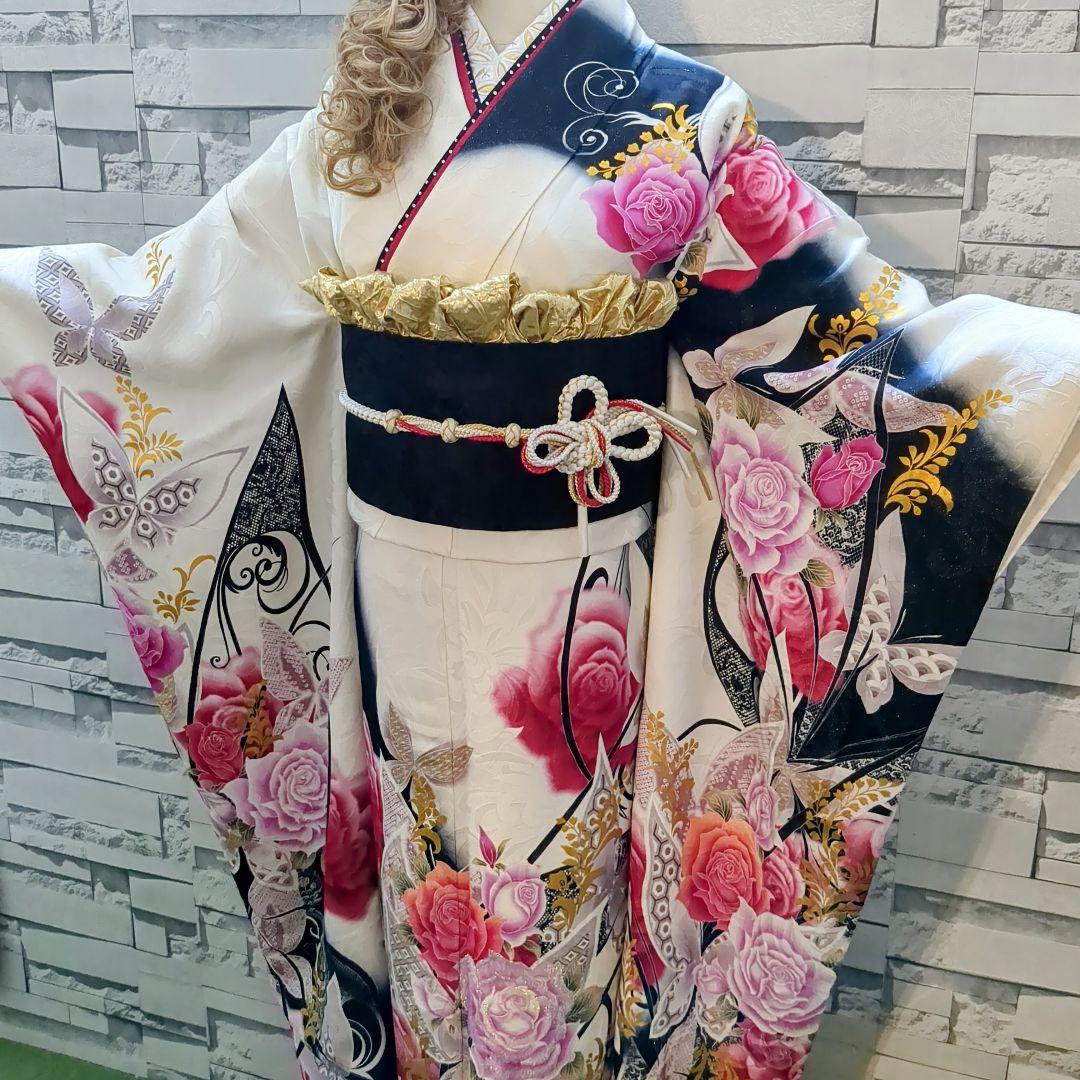 振袖セット 振袖フルセット 正絹振袖 銀通し 駒刺繍 薔薇 蝶 金彩 白 90