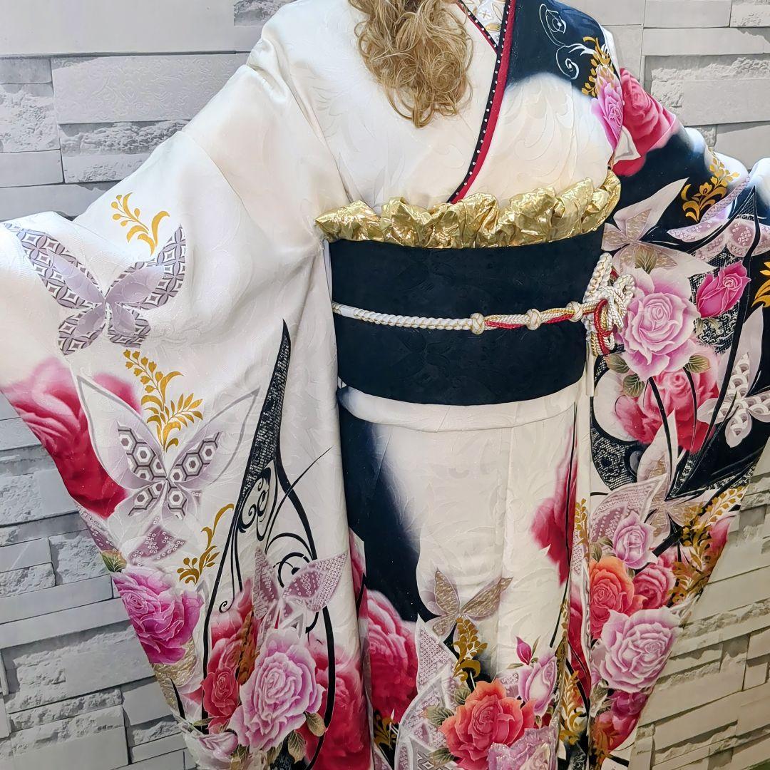 振袖セット 振袖フルセット 正絹振袖 銀通し 駒刺繍 薔薇 蝶 金彩 白 90
