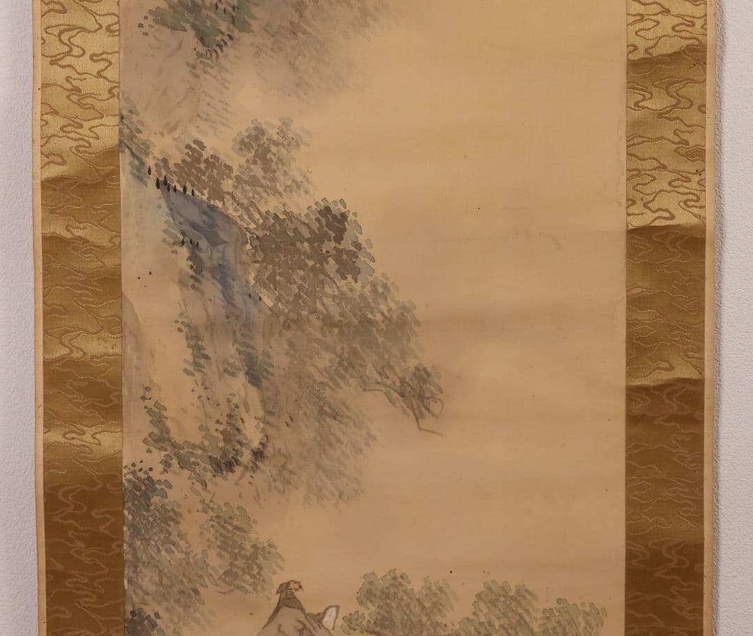 【模写】松雲山人 飛瀑図 滝 人物 山水 絹本 掛軸 彩色 MB130