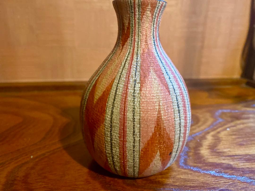 極上！福野道隆作優美な繊細画の《赤絵絣文》（検笠間焼花器徳利ルーシーリー