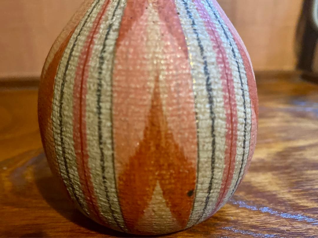 極上！福野道隆作優美な繊細画の《赤絵絣文》（検笠間焼花器徳利ルーシーリー