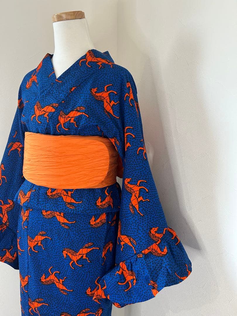 アフリカ布 浴衣 レディース フリル 着物 ハンドメイド 1点もの 馬柄 青