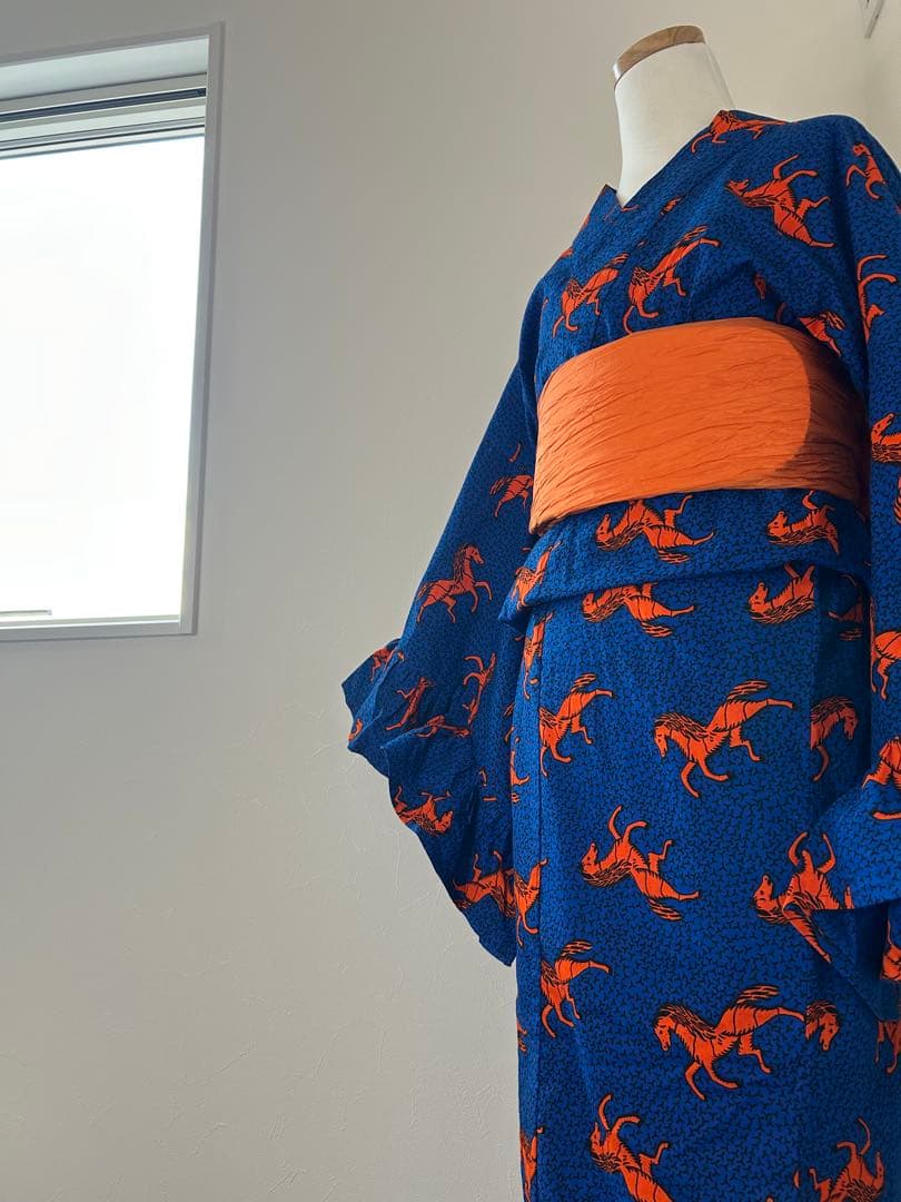 アフリカ布 浴衣 レディース フリル 着物 ハンドメイド 1点もの 馬柄 青