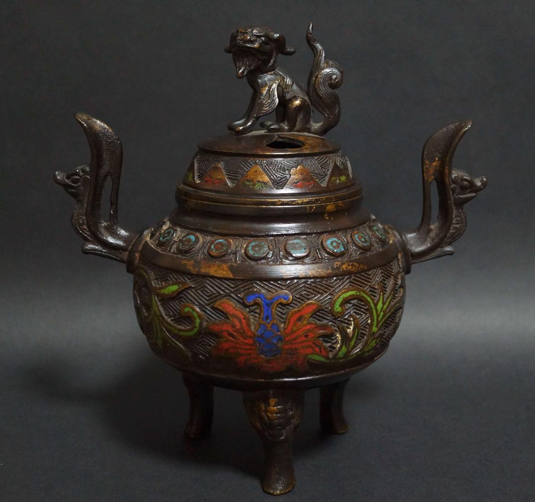 明治期 銅製 七宝焼金工細工『花唐草文』香炉 塗金 双耳透かし蓋 獅子摘 茶道具