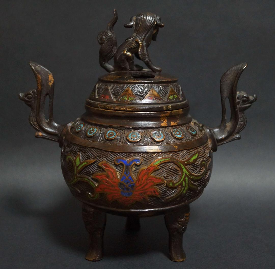 明治期 銅製 七宝焼金工細工『花唐草文』香炉 塗金 双耳透かし蓋 獅子摘 茶道具